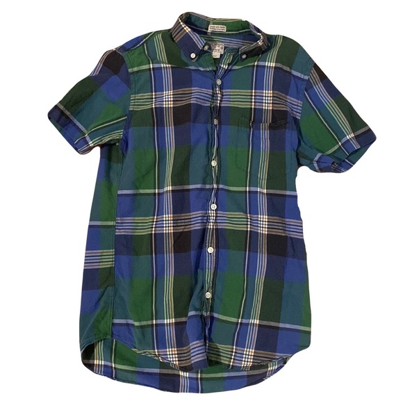 J. Crew madras cotton short sleeve button down shirt green and blue plaid - Picture 1 of 7